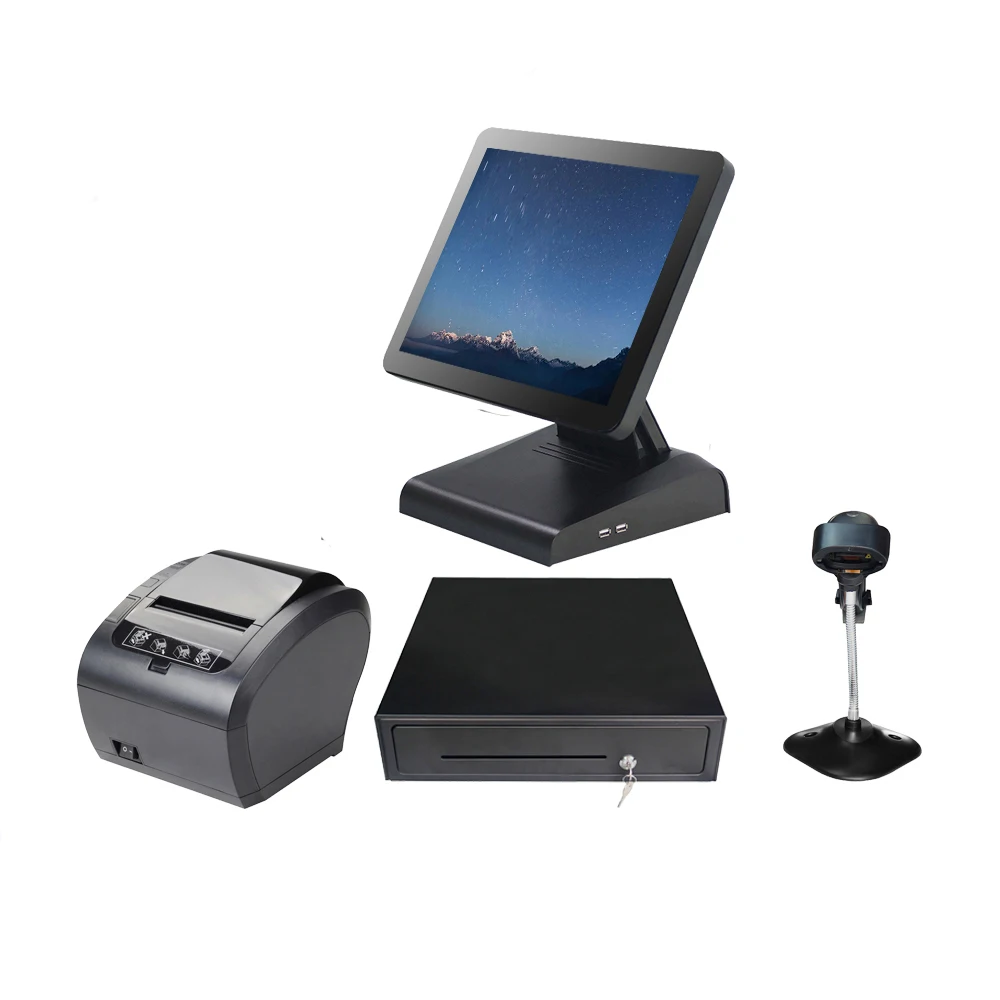 Whole set POS system j1900 fanless POS All in One Restaurants Equipment 15''touch screen black POS terminal 1619