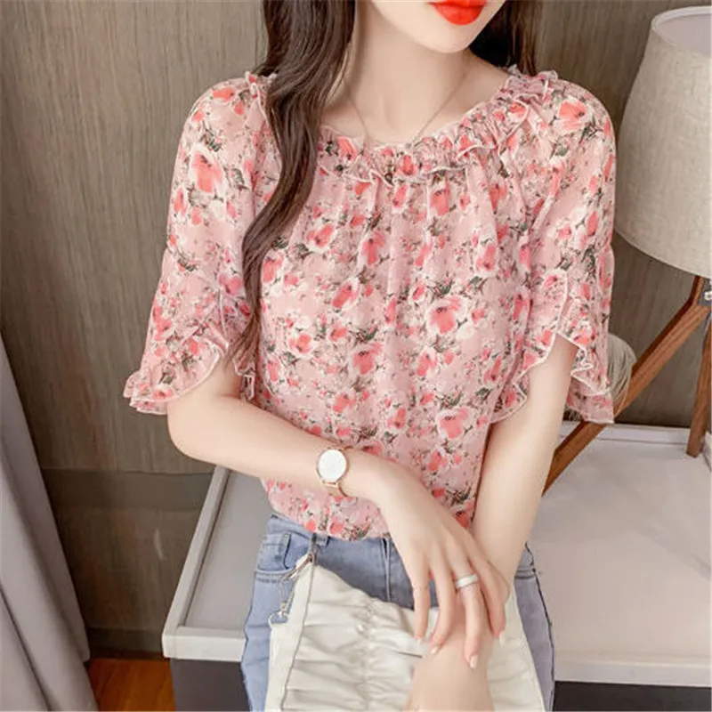 Women Chiffon Shirts Temlperament All-Match Short Sleeve Loose Folds Blouses One Word Collar Ropa De Mujer Blusas Tops MM0922