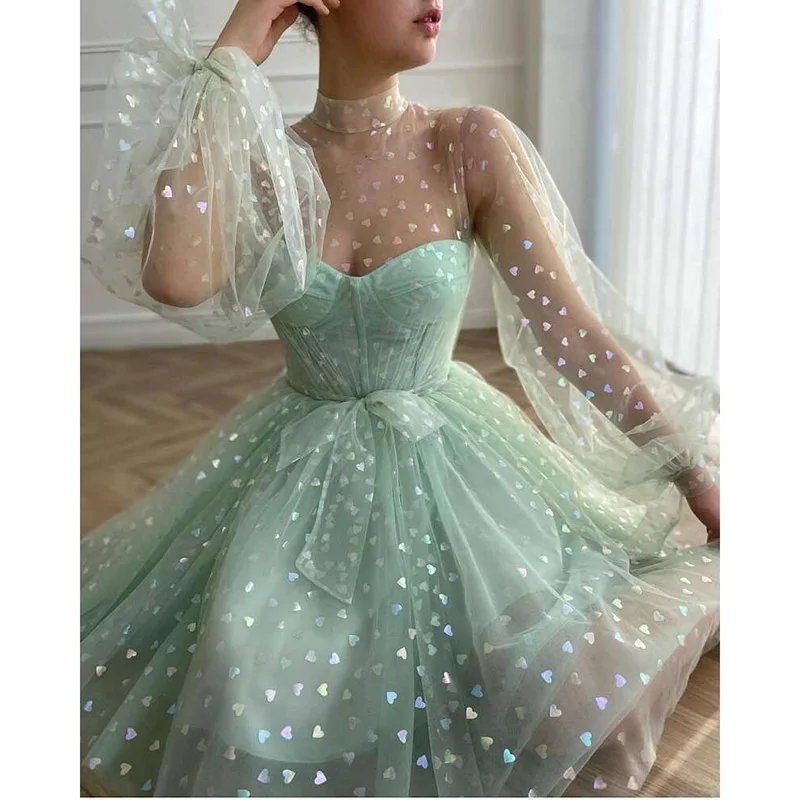 

Mint Green Short Prom Dresses Puff Long Sleeves Wedding Party Dress 2021 High Neck Hearty Tulle Homecoming Graduation Gowns