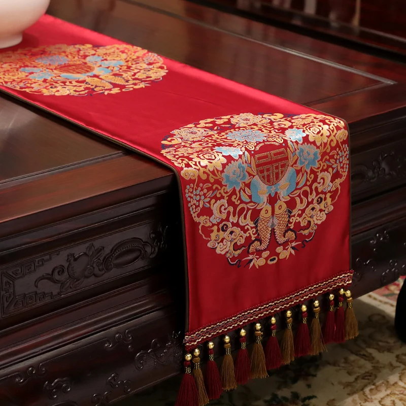 

Classical Chinese Style Table Runners Fishes Flowers Embroidered Rectangular Table Cloth Tassels Table Covers Home Decoration