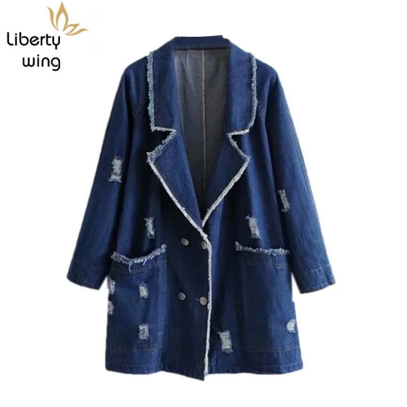 

Women Loose Hole Ripped Denim Baggy Fringed Double Breasted Outwear Coat Female Tassels Big Pocket Boyfriend Style Jacket