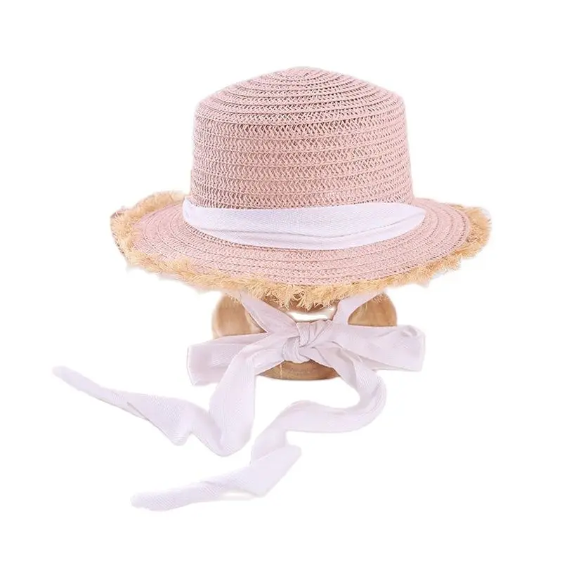 Korean Ribbon Lafite Fringed Parent-Child Sun Hat Spring Summer Brand Children Beach Straw Hat For Women Girl Flat Brim Cap