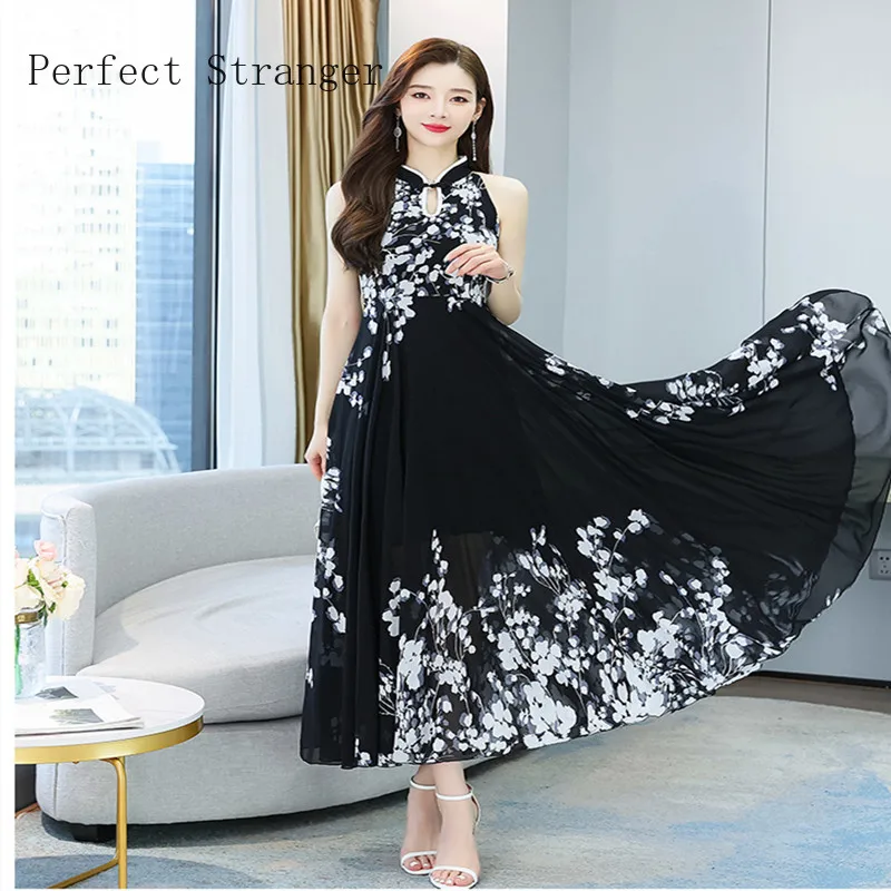 Retro Cheongsam Improved Ink Printing Summer Full-length Dress 2022 New Arrival Chiffon Long Dress Vestidos De Mujer