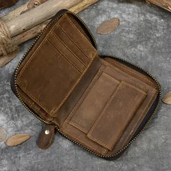 Retro Men's Short Wallet Vintage Cow  Leather Vertical Thin Male Zipper Square Credit Card Holder Small Money Purse Women wallet