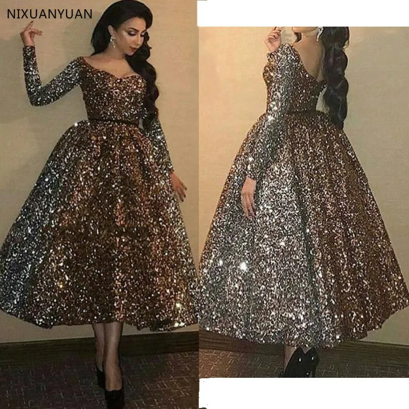 Sexy Elegant Women Formal Gala Party Dress Plus Size Arabic Muslim Gold Long Sleeve Short Evening Prom Dresses Gown 2023