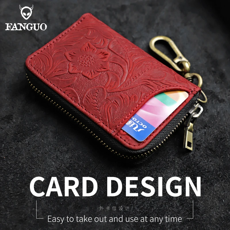 RFID Blocking Genuine Leather Key Wallet 6 Keychains Housekeeper Car Key Holder Card Slot Mini Coin Purse With Zipper For Unisex