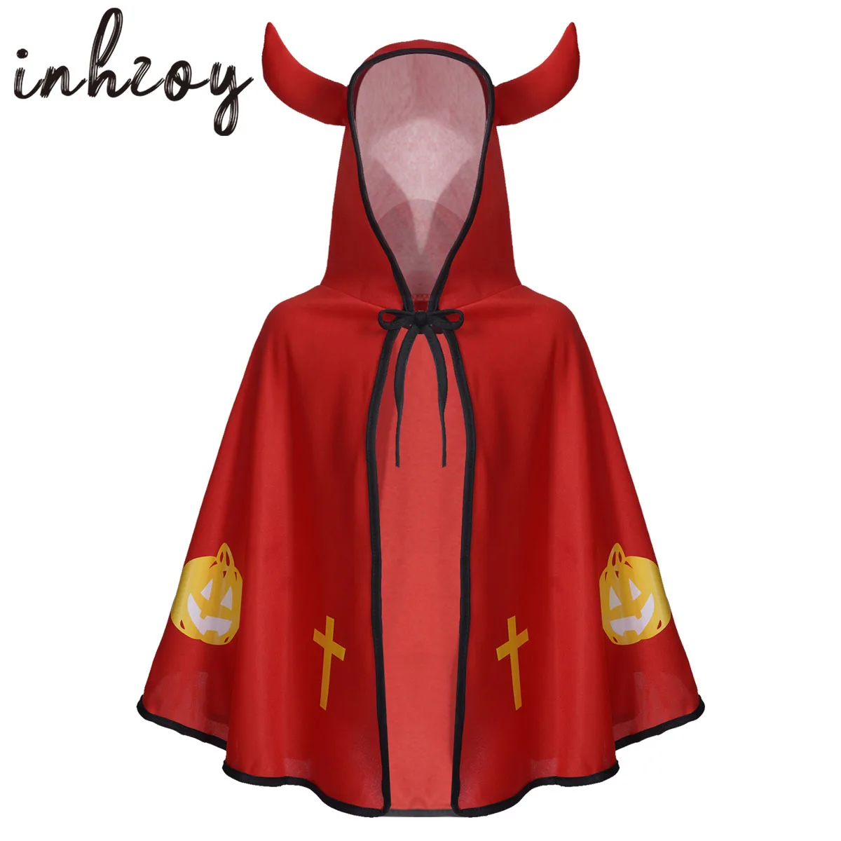 

Kids Hooded Cloak Cape with Ox Horn Adorned Halloween Anime Cosplay Pumpkin Print Outfit