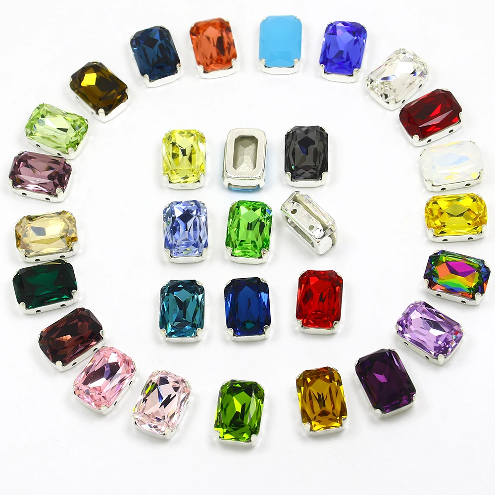 Rectangle K9 Glass Sew On Crystal Octagon Loose Flatback Rhinestones With Silver Claw Diy Colorful Gems For Needlework Clothes