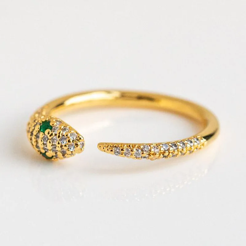 Megin D 18k Yellow Gold Green Crystal Eyes Luxury Zircon Snake Vintage Boho Rings for Women Couple Friends Gift Fashion Jewelry