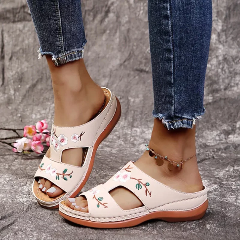 Newly Leather Flower Embroidered Vintage Casual Soft footbed Orthopedic Arch-Support Sandals