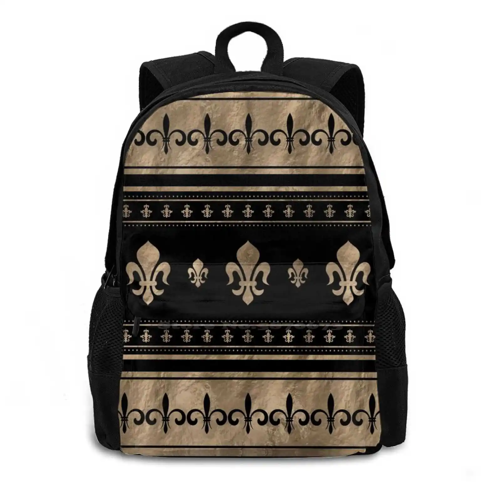 Fleur-De-Lis Luxury Ornament-Black And Gold School Bag Big Capacity Backpack Laptop 15 Inch Fleur De Lis Fleur De Lys Lily