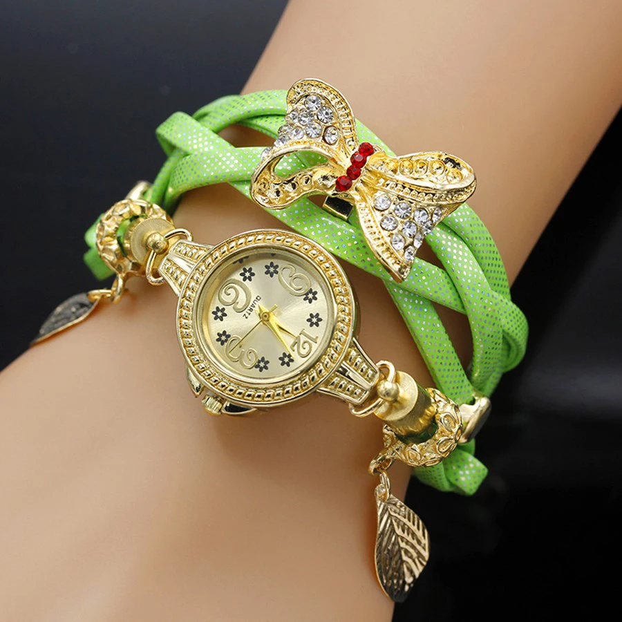 Shsby Fashion Women Rhinestone Watches Ladies Weave Rope Strap Howknot Alloy Bracelet Quartz Wristwatch Women Gold Dress Watches