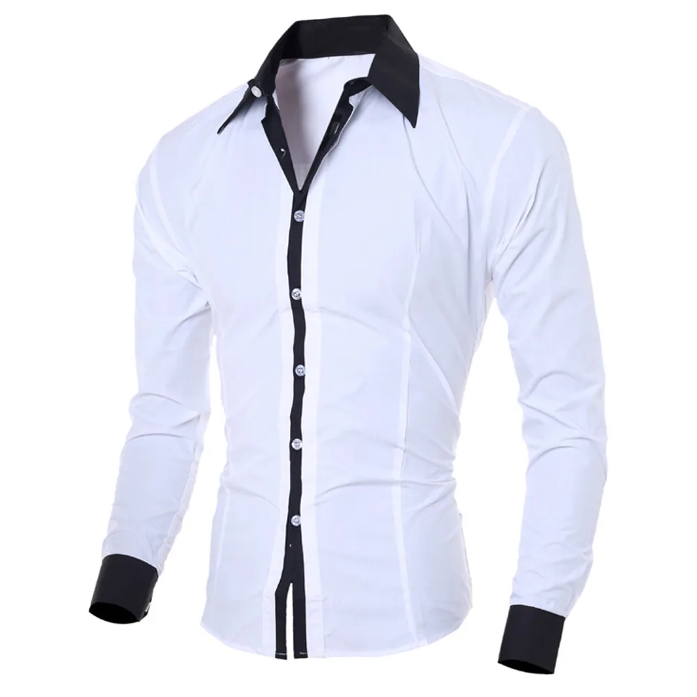 Men White Shirt Patchwork Social Dress Shirt Autumn Spring Solid Long Sleeve Slim Fit Male Top Office Casual Button Shirt 2021