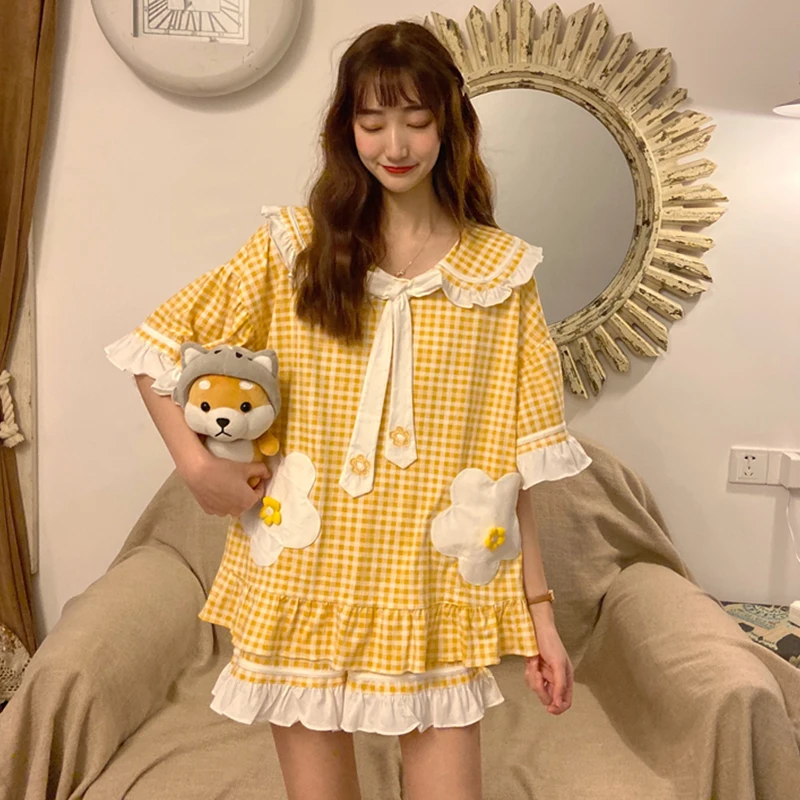 Popular Women Pajama Sets Plaid Ruffles Lovely Thin Summer Shorts Daily Floral Korean Style Fashion Loose New Cotton Sleepwear