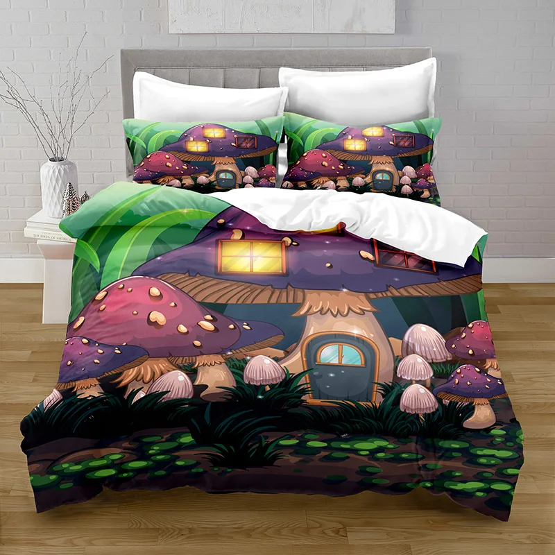 

100% Polyester Fantasy Mushroom Digital Printing Cover Set with Pillowcase Bed Sets for Girl Comforter Bedding Sets