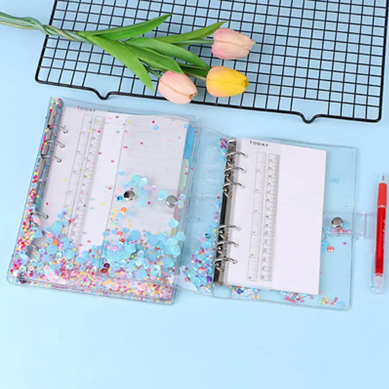 A5/A6 Cute Transparent PVC Glitter Sequins Notebook Cover Office School 6 Rings Binder Spiral Planner Agenda Organizer Notebooks