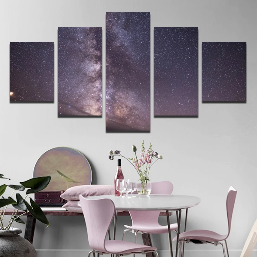 

Beautiful Fantasy Purple Starry Sky Can Be Customized Modern Home Wall Painting Hot Air Frameless Printing 5Pcs Canvas Poster