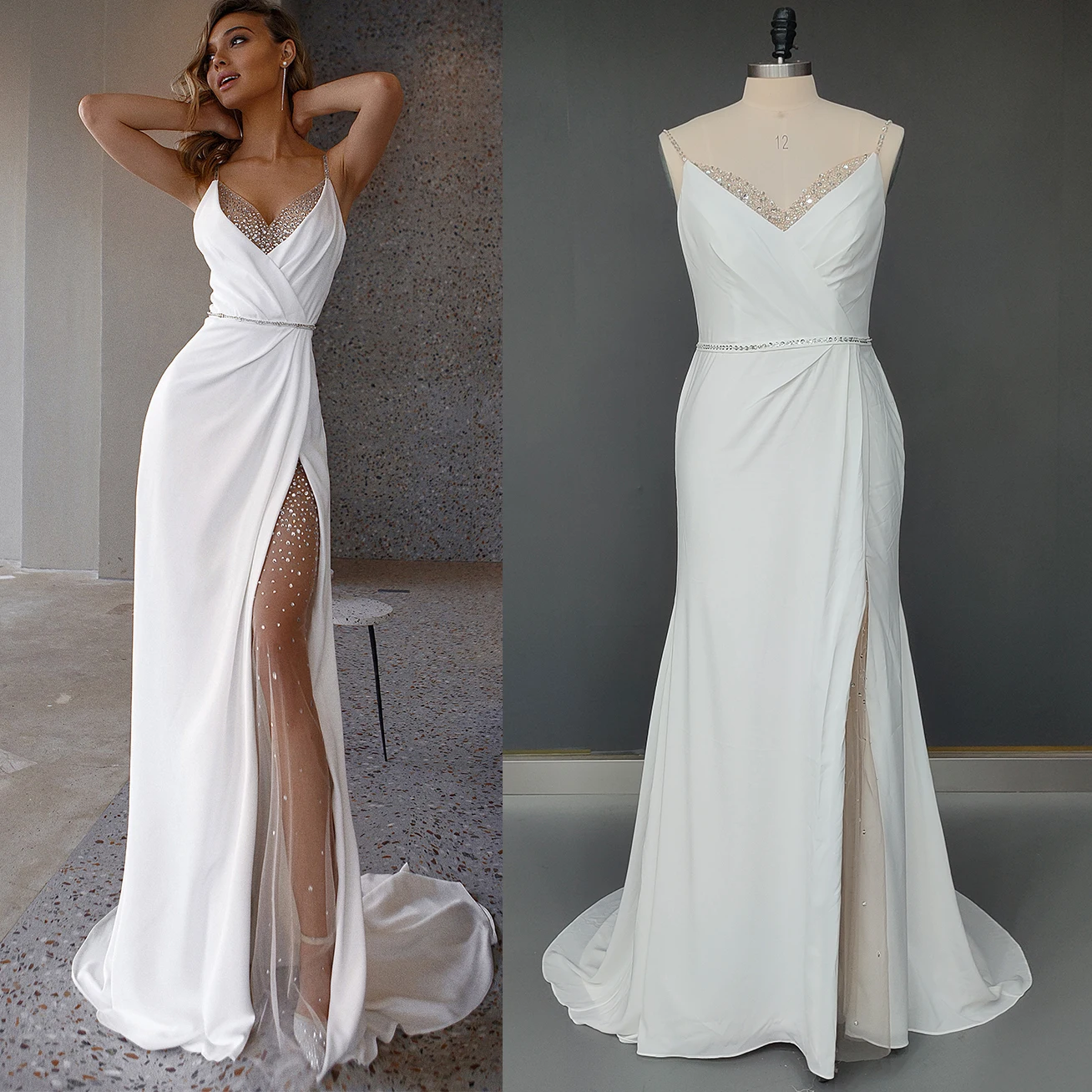 Vestido De novia Sexy con abertura larga, lentejuelas ostentosas, personalizado, con cuello en V, cuentas, tirantes finos, espalda abierta, Vestido De novia