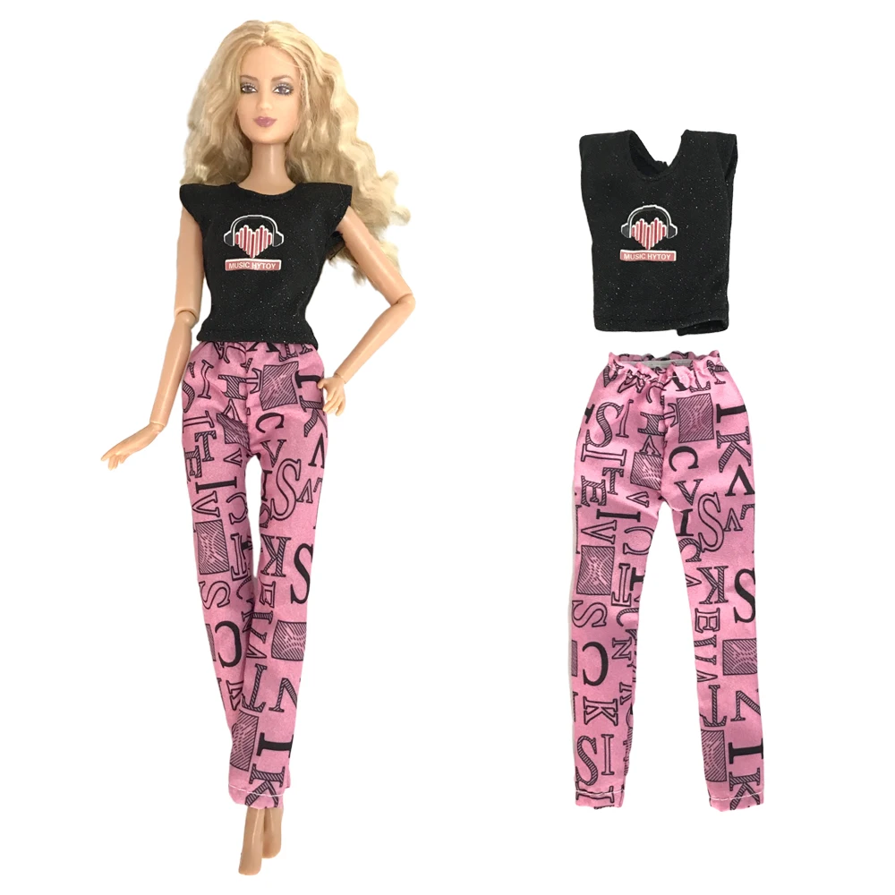 1 Set Popular Clothes For Barbie Doll Accessories Music Style Casual Sleeveless Split shirt Black T-shirt + Pink Trousers Toys