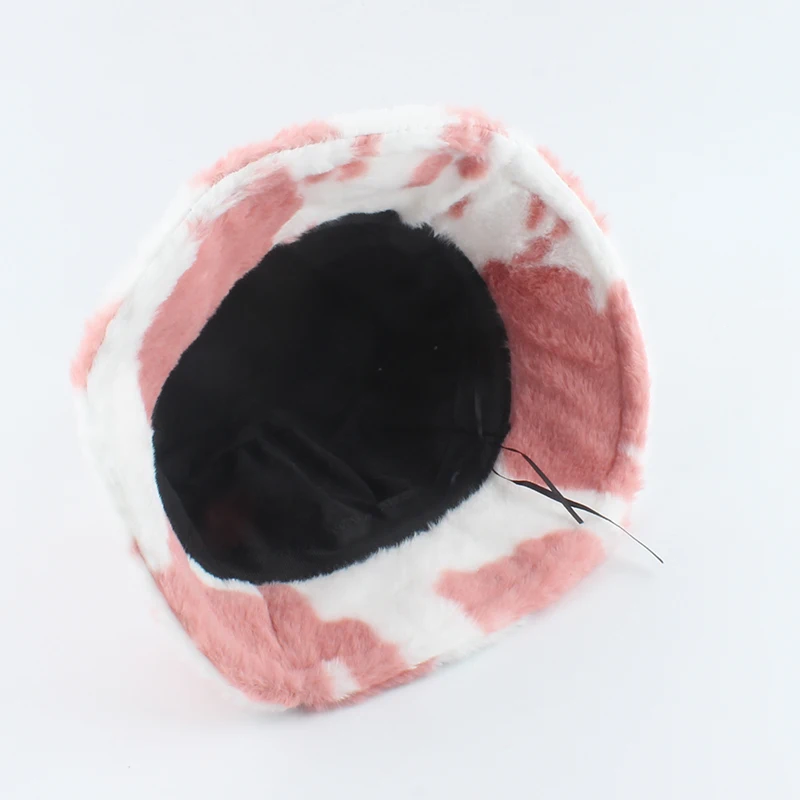 2021 New Fashion Korean Pink Cow Print Bucket Hat Faux Fur Winter Hats For Women Warm Plush Fisherman Caps image 3