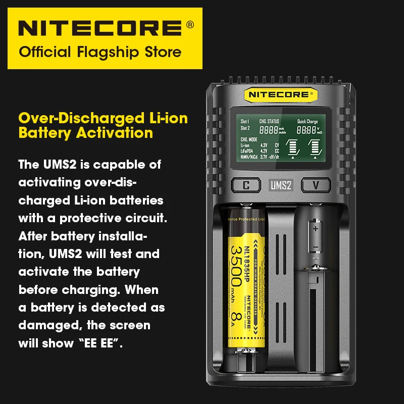 NITECORE UMS2 Intelligent USB Dual-slot Battery Charger QC Fast Charging Plug for IMR Li-ion LiFePO4 Rechargeable Batteries