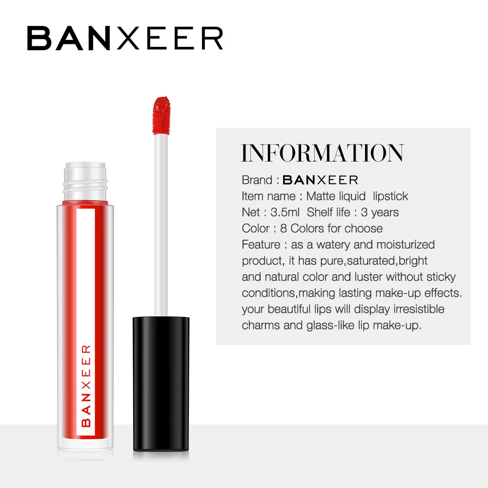 BANXEER Brand Lipgloss Matte 8 Colors Lip Gloss Velvety Lipstick Liquid Waterproof Lip Tint Full Rich Sexy Lip Makeup Cosmetics