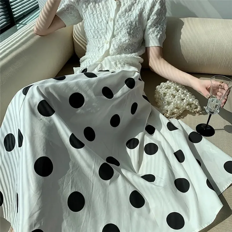 2023 Vintage Polka Dot Big Swing A-line Skirts Spring Summer Slimming High Waist Elasticity Skirt Women Long Skirt Casual Female