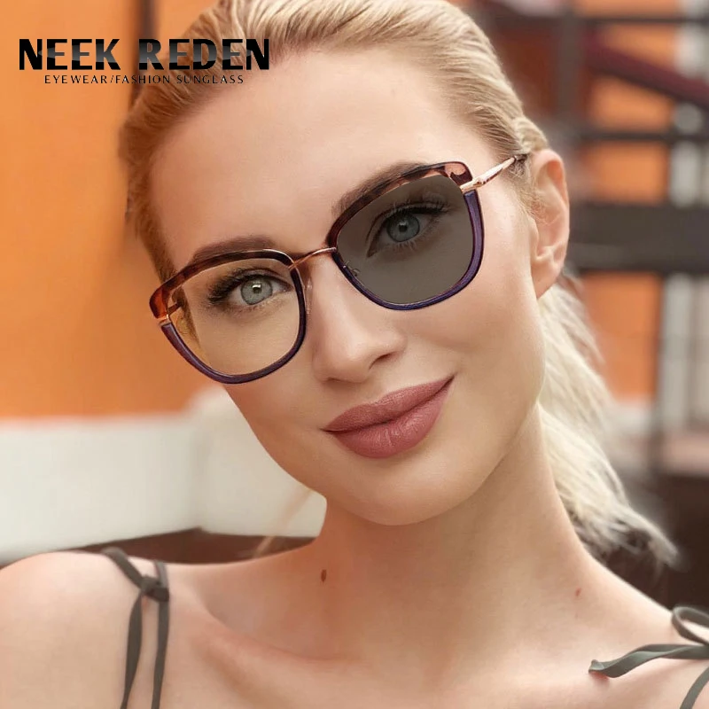 

Women's Blue Anti-Light Photochromic Reading Sunglasses Cat Eye Metal Eyeglasses Frames Presbyopia With Diopters +0.5 +1.5 +6.0