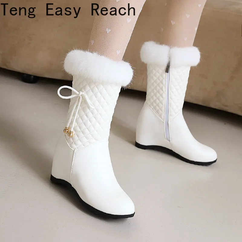 Winter white Real hair Women\'s Snow Boots Fashion Warm Plush Boots  Ladies Round Toe zip Slope heel snow boots size 33-43