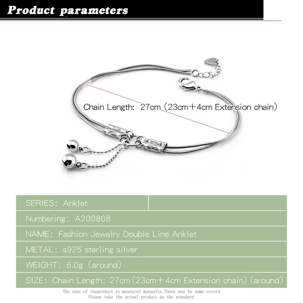 Trendy Jewelry 925 Sterling Silver Double Bell Anklets Barefoot Sandals Jewelry On Foot Ankle Bracelets For Women Girl Leg Chain