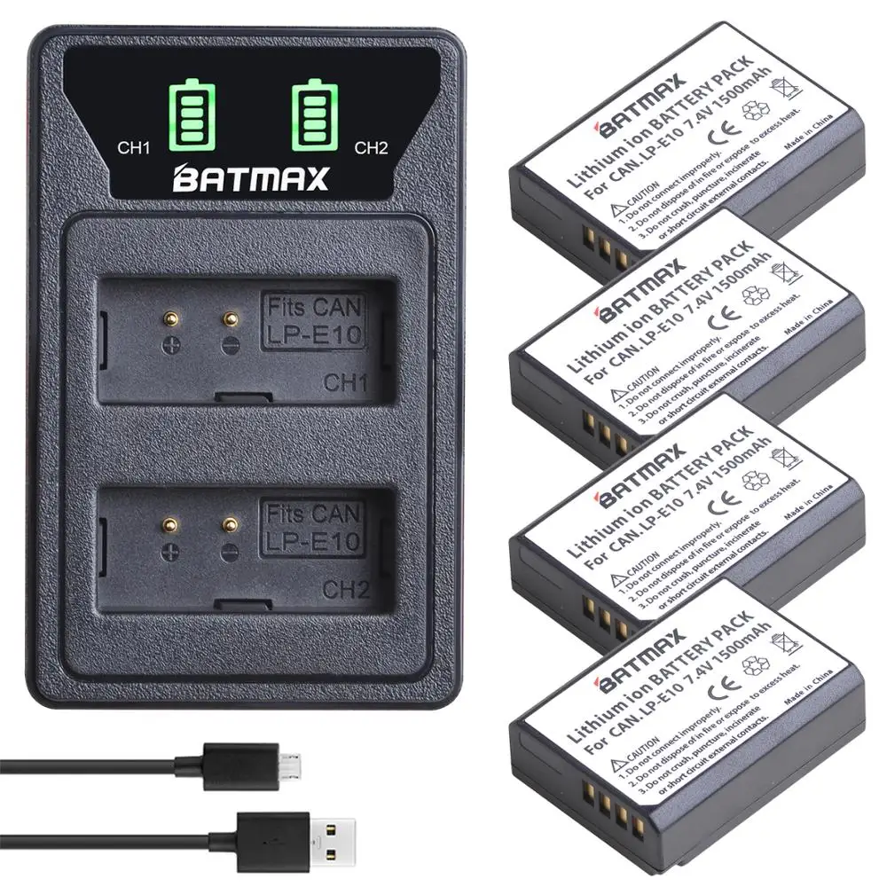 Batmax LP-E10 LP E10 LPE10 Battery + LED Dual Bulit-in USB Charger Type C for Canon 1100D 1200D 1300D Rebel T3 T5 KISS X50 X70