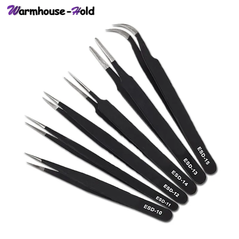 6Pcs Safe Anti-static Tweezers Tool ESD 10-15 Stainless Steel Tweezers for Soldering Station Electronic Component Repair Tools