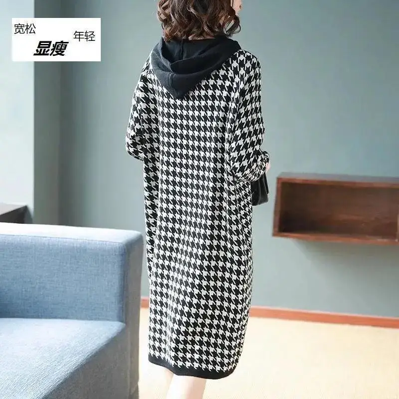 6XL Women\'s Dress 2024 Autumn Summer New Fashion Houndstooth Hooded Sweater Hoodie Dresses Winter Long-Sleeved Base Dress Female