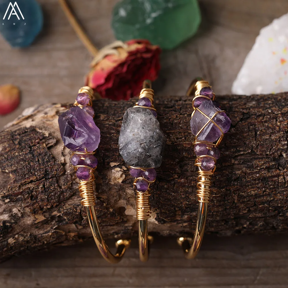 Gold Copper Wire Wrapped Natural Phantom Quartz Amethysts Quartz Chunky Nugget Beads Open Cuff Bangles Women Bracelets Jewelry
