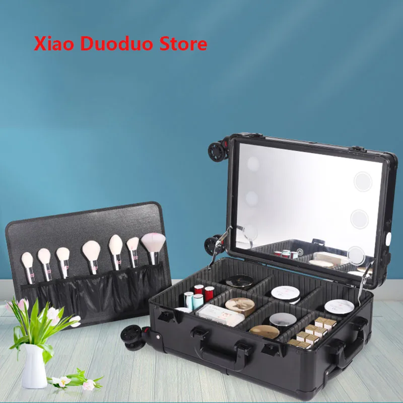 Estuche de maquillaje profesional con luz LED y espejo HD, maletas de manicura con ruedas, estuche de belleza, caja de herramientas cosméticas