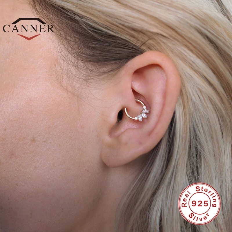 CANNER 925 Sterling Silver Round Pierced Cartilage Earrings for Women Zircon Round Nose Ring Huggie Hoop Earring Fine Jewelry