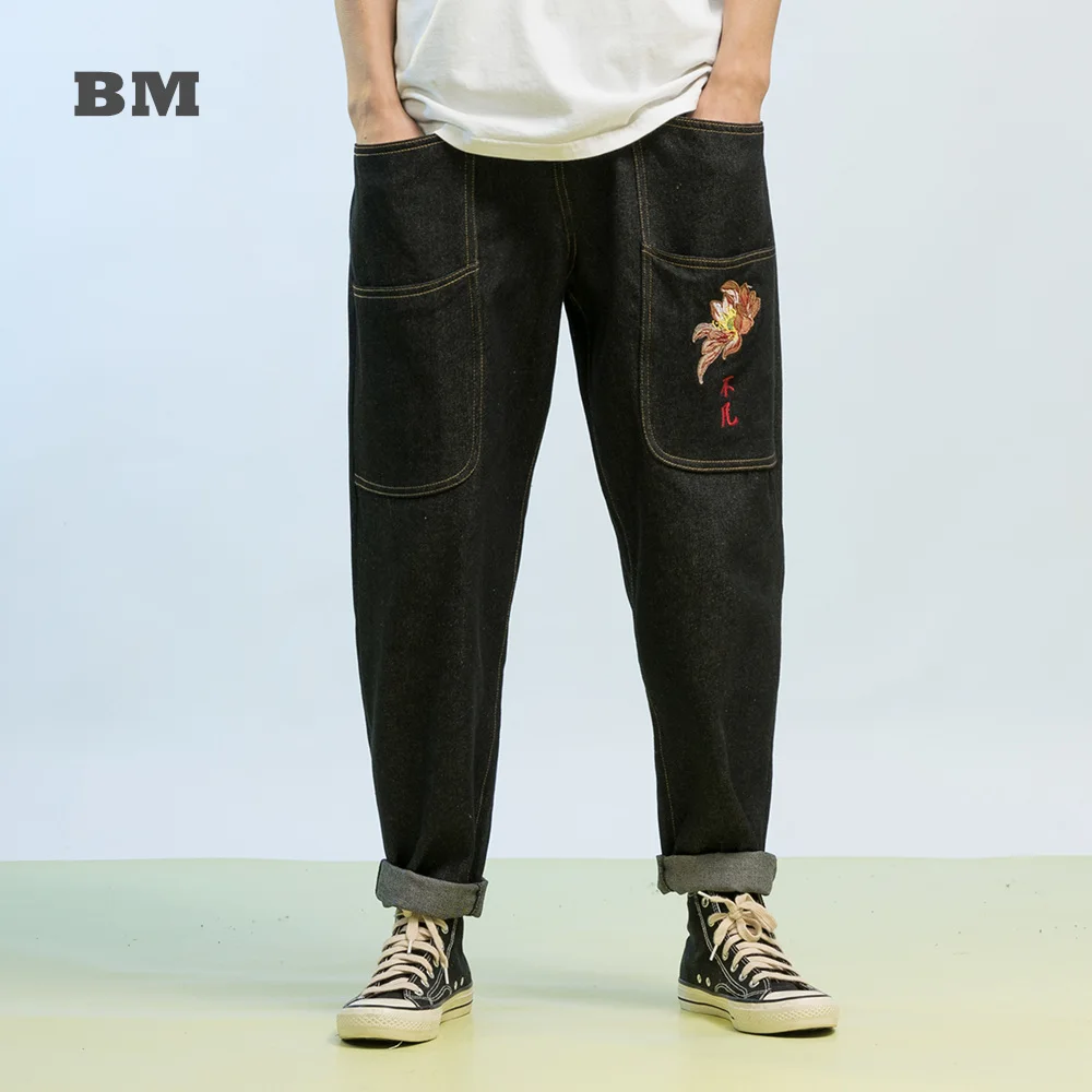 Fashion Plus Size Retro Lotus Embroidery Loose Casual Jeans Harajuku Cargo Pants Men Clothing Streetwear Denim Trousers Male