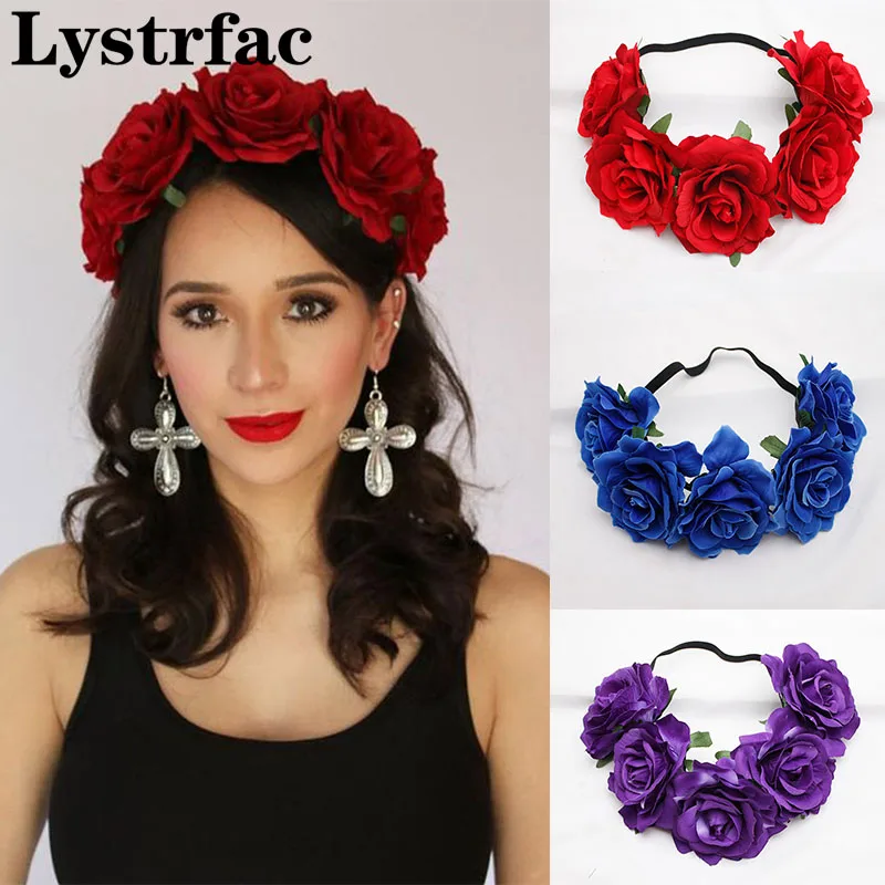 Lystrfac New Autumn Red Rose Flower Crown Headband for Women Girls Fashion Wreath Ladies Garland Hair Jewelry Accessories