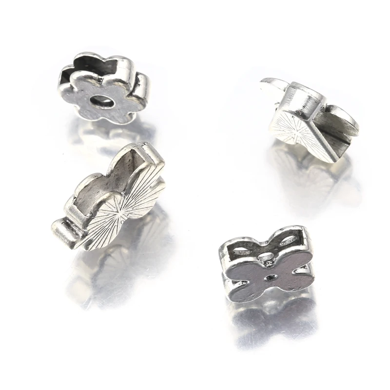 10Pcs Tibetan Silver Lucky Clover Flower Loose Spacer Beads For 10mm Flat Leather Cord Diy Bracelet Jewelry Making Accessories