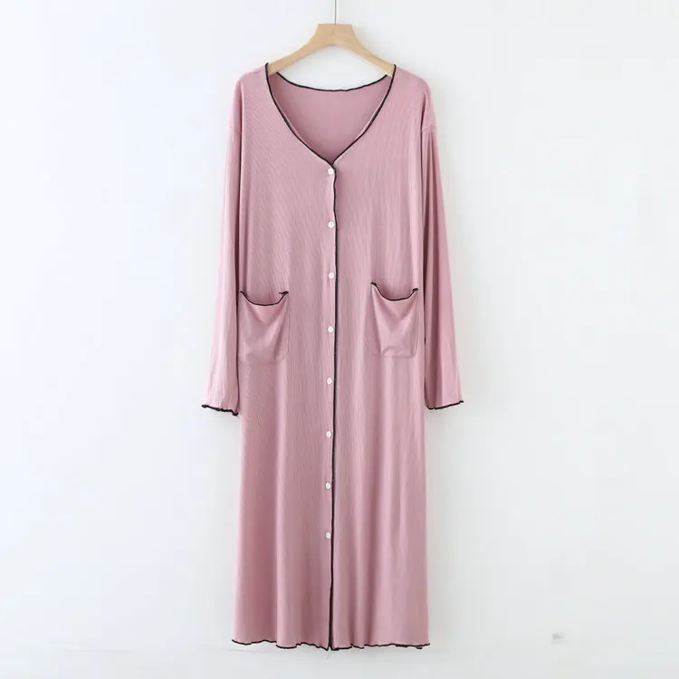 Casual Loose V Neck Sleepwear Female Night Dress Modal Cardigan Nightwear Long Sleeve Spring Autumn Women Nightgowns Pocket