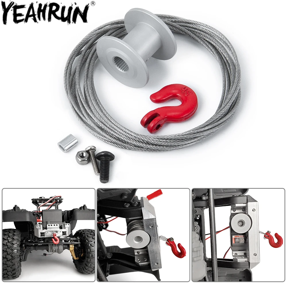 YEAHRUN 25T Steering Gear Servo Winch Wheel Drum Wires Trailer Hook for 1/10 TRX4 Axial SCX10 D90 D110 RC Crawler Car