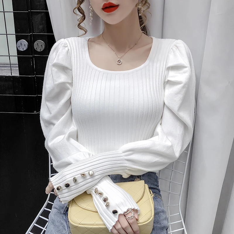 Popular Sweet Multi-color Pullover Round Neck Fancy Sleeves Slim Bottoming Sweater Female's Top New Korean Style Basic Clothing