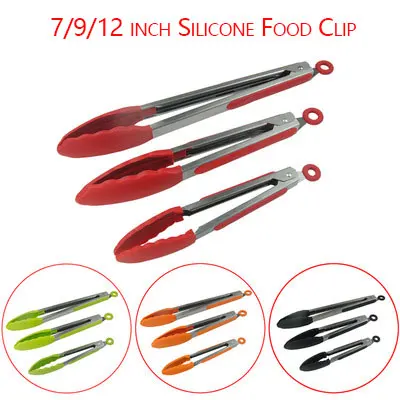 7/9/12 Inch Silicone Food Tong Stainless Steel Tongs Silicone Non-slip Cooking Clamp BBQ Salad Tools Grill Kitchen Accessories