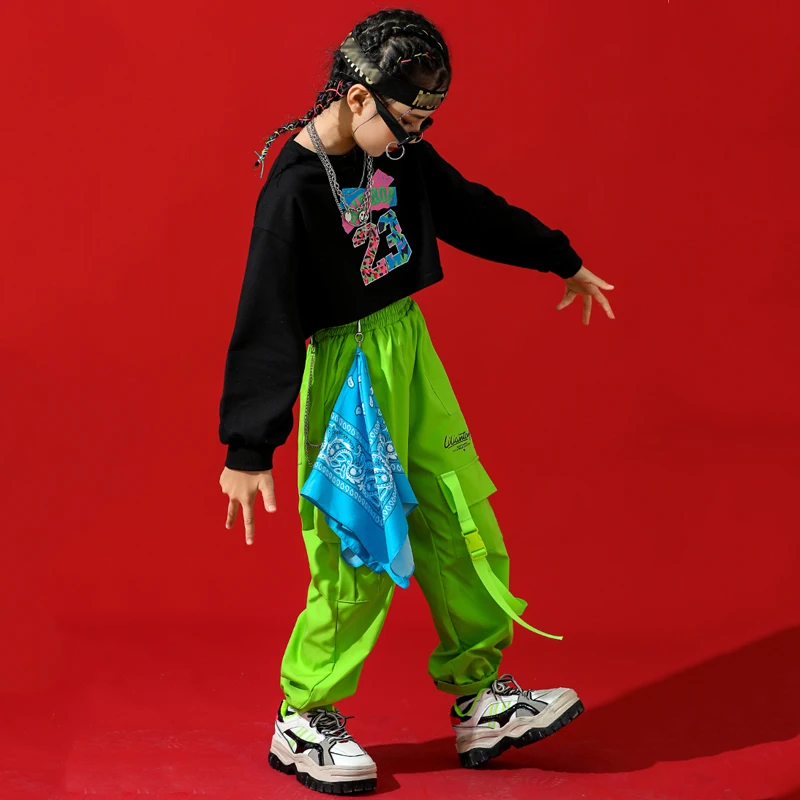 Ropa de baile moderna de Hip Hop para niñas, Tops de manga larga, pantalones Cargo verdes, traje de baile callejero de Jazz, ropa de fiesta BL7676