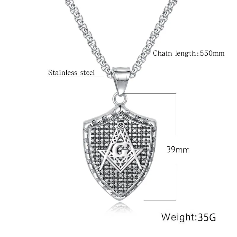 Stainless Steel Masonic Free Mason Shield Pendant Men Signet Freemasonry Vintage Punk Necklace for Men Jewelry