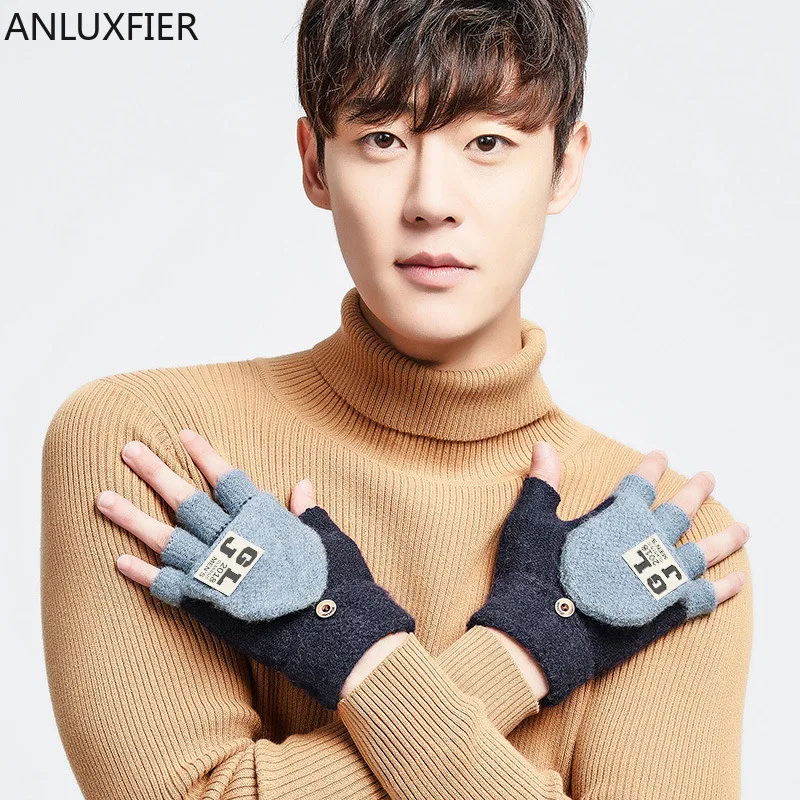 H10052 Men Gloves Autumn Winter Warm Knitting Mittens Korean Half Finger Flip Casual Students Thickening Cycling Male Hand Muff