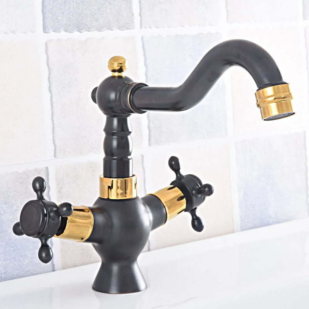 Black Gold Brass Bathroom Sink Faucet 360 Degree Swivel Spout Double Cross Handle Bath kitchen Mixer Taps Nsf793