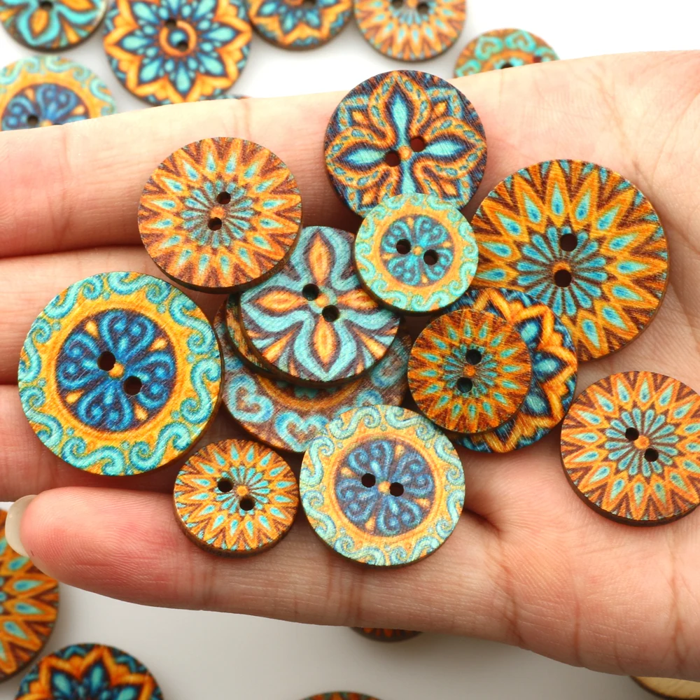 50pcs Blue Vintage Wooden Buttons 2 Holes 15/20/25mm Mixed Buttons for Clothes DIY Sewing Buttons Decorative Clothing Crafts