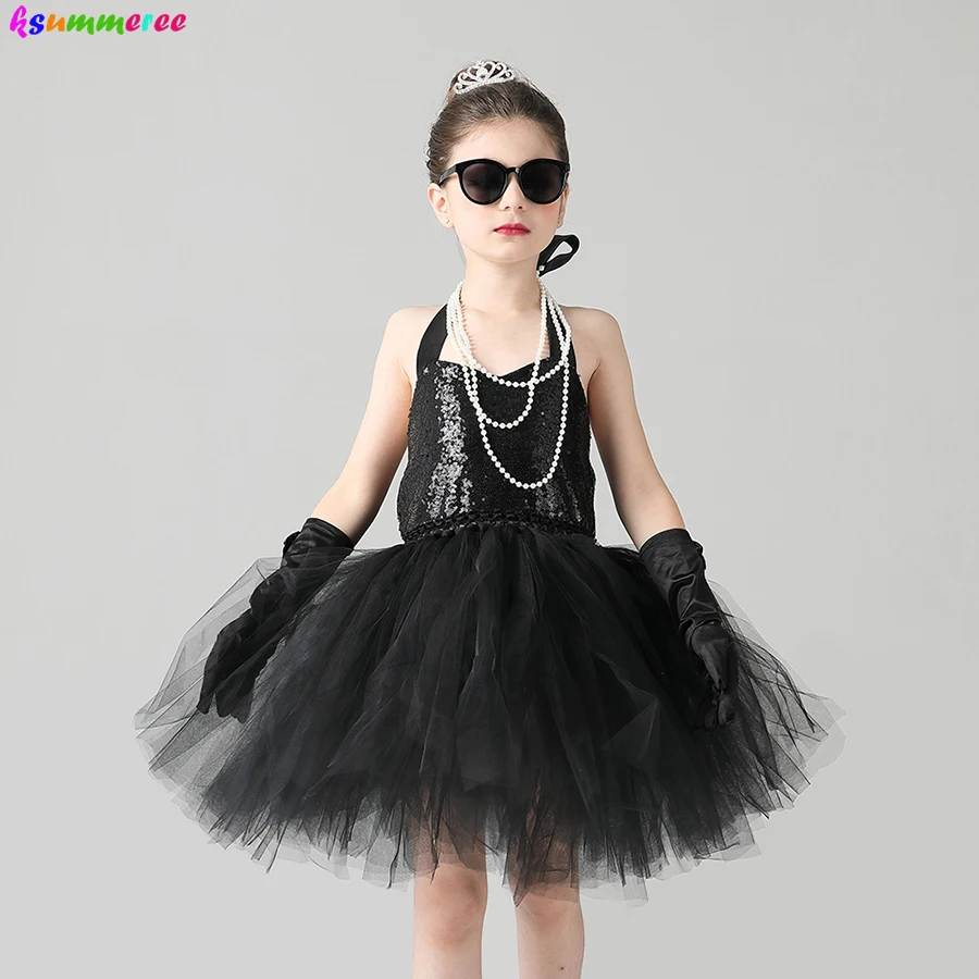 Child\'s Breakfast at Tiffany\'s Holly Golightly Costume Set Sequin Black Audrey Hepburn Tutu Dress Kids Birthday Party Prom Dress