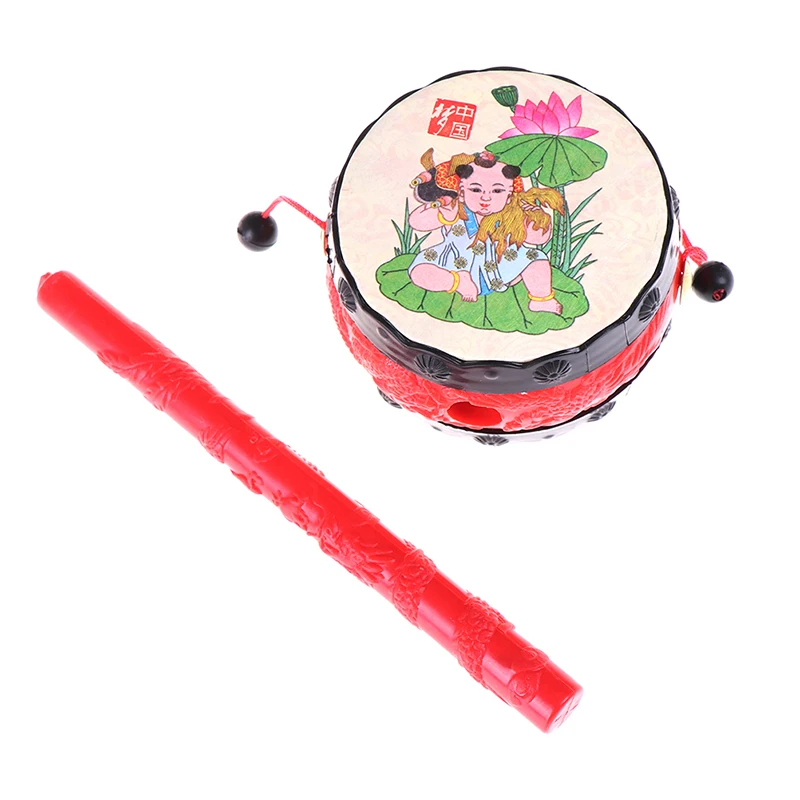 1Pc Chinese Tranditonal Rattle Drum Toy for Baby Boys Girls Red Baby Drum Hammer Rattle Kids Voice Toys Funny Toys Random Print